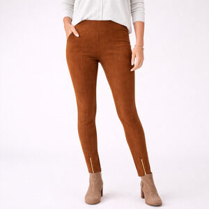 Anthropologie Skinny Pull-on Pants Leggings Sz 30 Brown Faux Suede Zip Ankle NWT